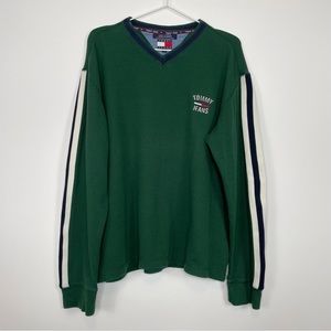 Y2K 2000's Tommy Jeans Ribbed Stripe Sleeve V-Neck Pullover Shirt